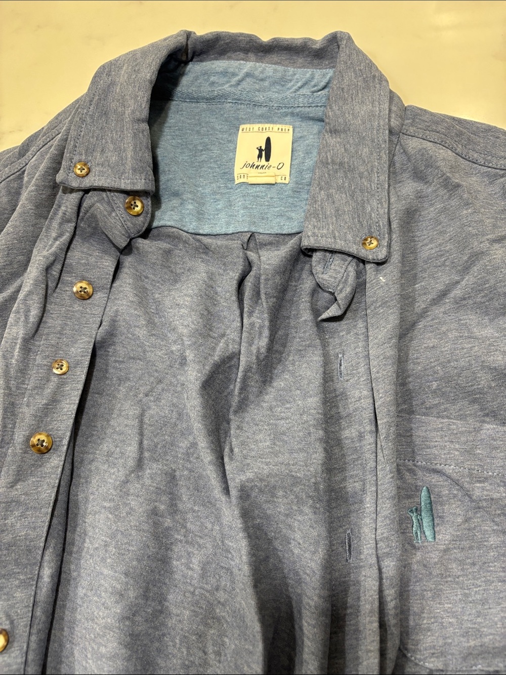 Johnnie-O Men's Slate Blue Button-Up Shirt, Large. Small Fray (left breast)